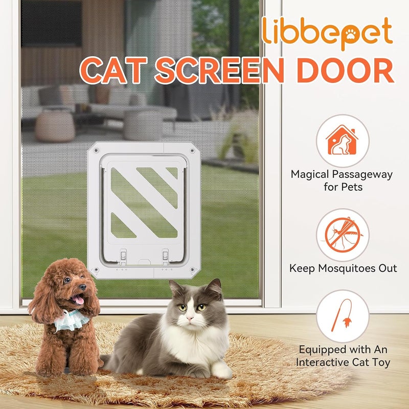 LIBBEPET Cat Door for Screen Door, Lockable Cat Screen Door for Cats & Small Dogs Up to 20 lbs, Magnetic Flap Opening 7 x 9 inches, Equipped with Interactive Cat Toy & Installation Tools, White - Image 2